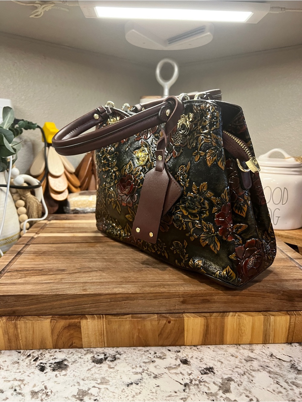 Embroidered Floral Satchel Handbag - Dark Brown with Gold Accents